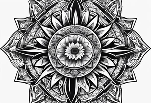 A central cross with the names Kyle Peter Lori on it with lighting a motorcycle and a sunflower around it tattoo idea