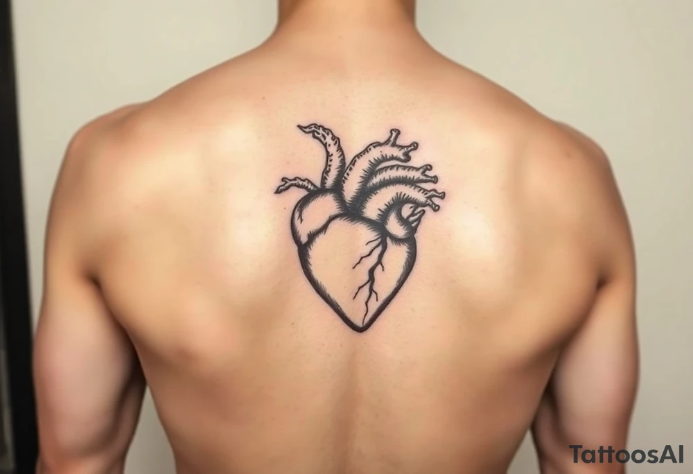 woodcut realistic heart tattoo on back of tricep tattoo idea