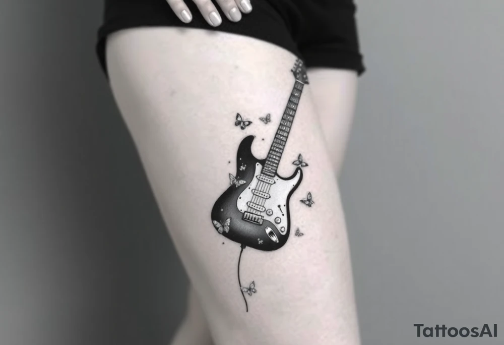 An electric guitar with the cord running down wrapped around the leg and five or six butterflies around it tattoo idea