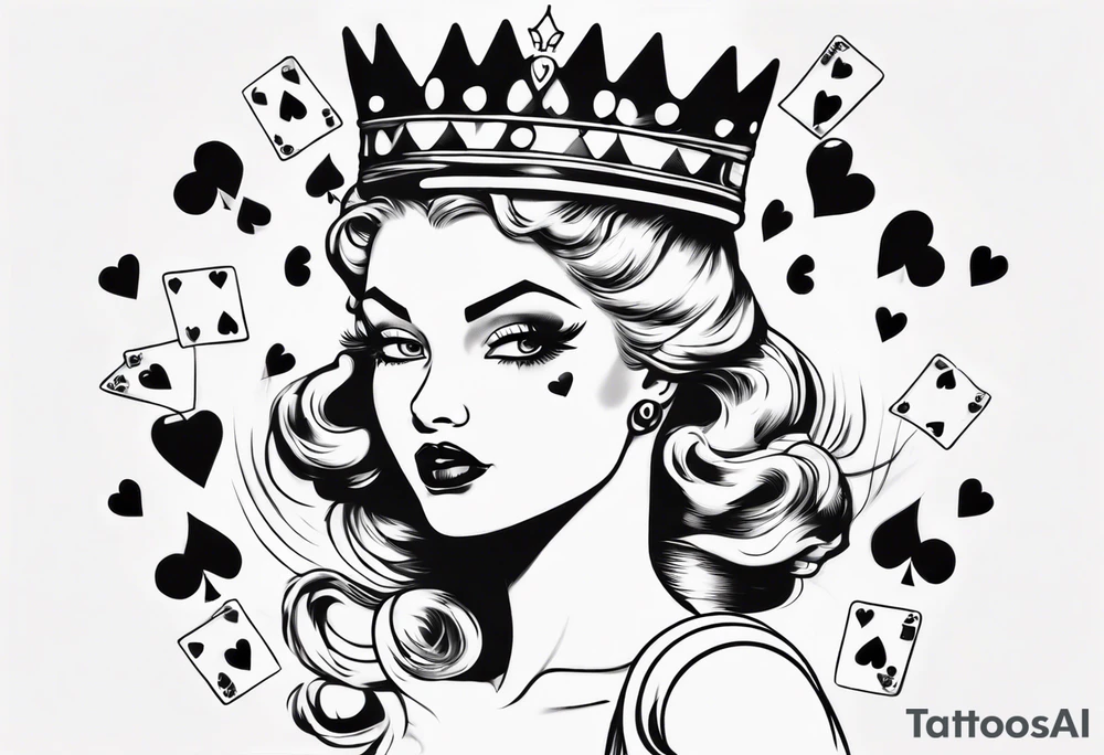 pin-up queen of hearts with only whites in her eyes and a crown tattoo idea