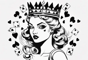 pin-up queen of hearts with only whites in her eyes and a crown tattoo idea