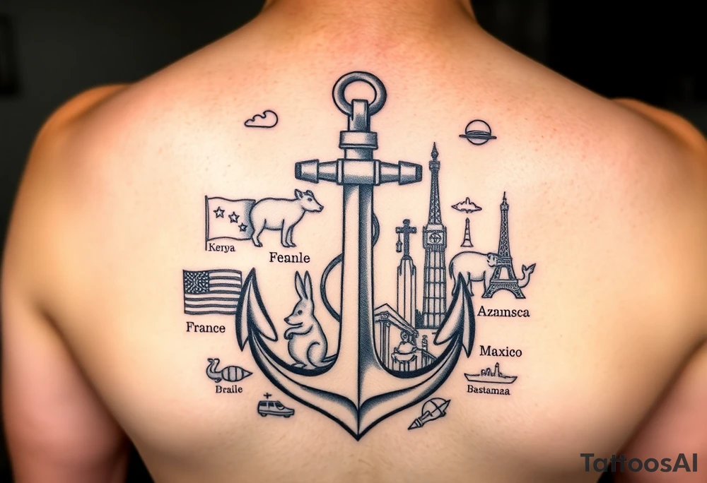 Tattoo for Female on ribs that has anchor, travel, items from each country traveled to:
Australia - kangaroo/koala 
New Zealand
United Kingdom- Big Ben 
Ireland - cliffs of mohr 
France- Eiffel tower 
Kenya - tree
Brazil - amazon
Aruba - beach 
Curacao - beach 
Jamaica - beach 
Mexico
Puerto Rico
St. Thomas
Bahamas
St. Martin
Italy - wine 
Canada - banff 
Spain - basilica 
Portugal - naticionel de Peña 
Azore islands - flowers 
Thailand- elephant 
Iceland tattoo idea