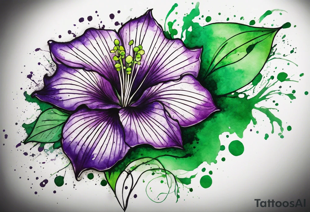 A mystical outline of a green and purple rio dipladenia flower and a green and purple watercolor splash in the background tattoo idea