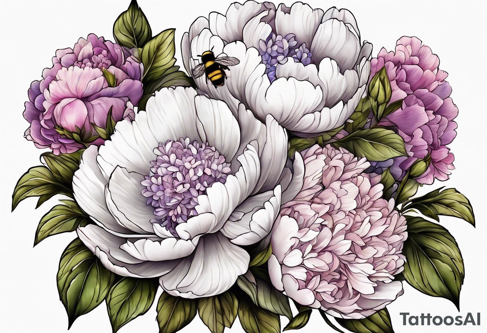Bouquet of peony with hydrangea and leaves and a bumblebee lilac flowers tattoo idea