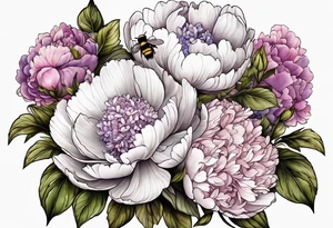 Bouquet of peony with hydrangea and leaves and a bumblebee lilac flowers tattoo idea
