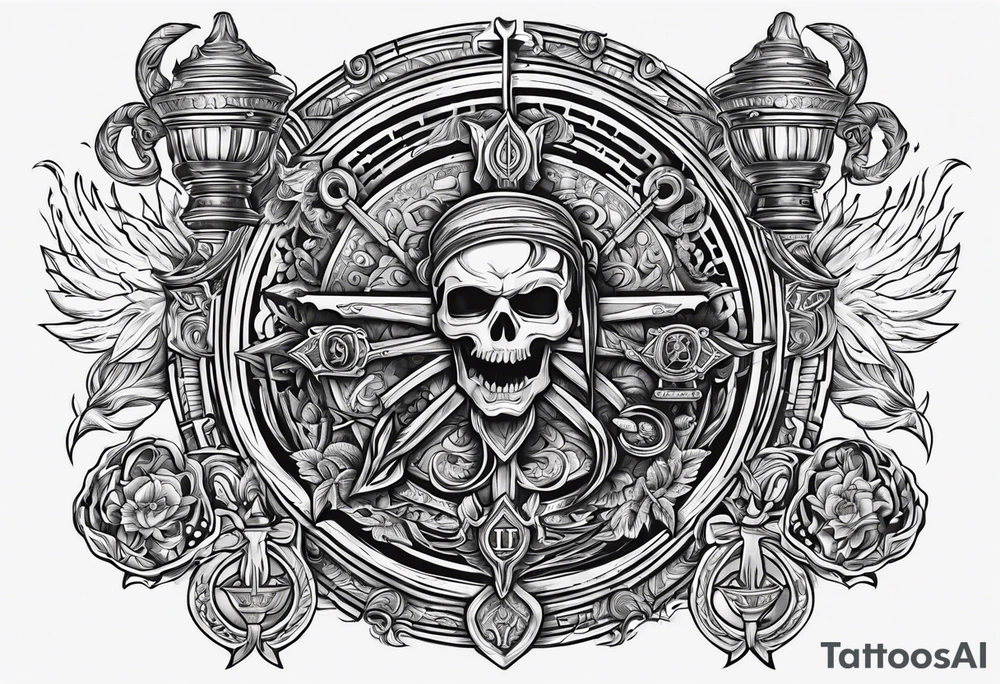 pirates of the caribbean five elements tattoo, aztec gold, davy jones key, east india company emblem, chalices and trident tattoo idea