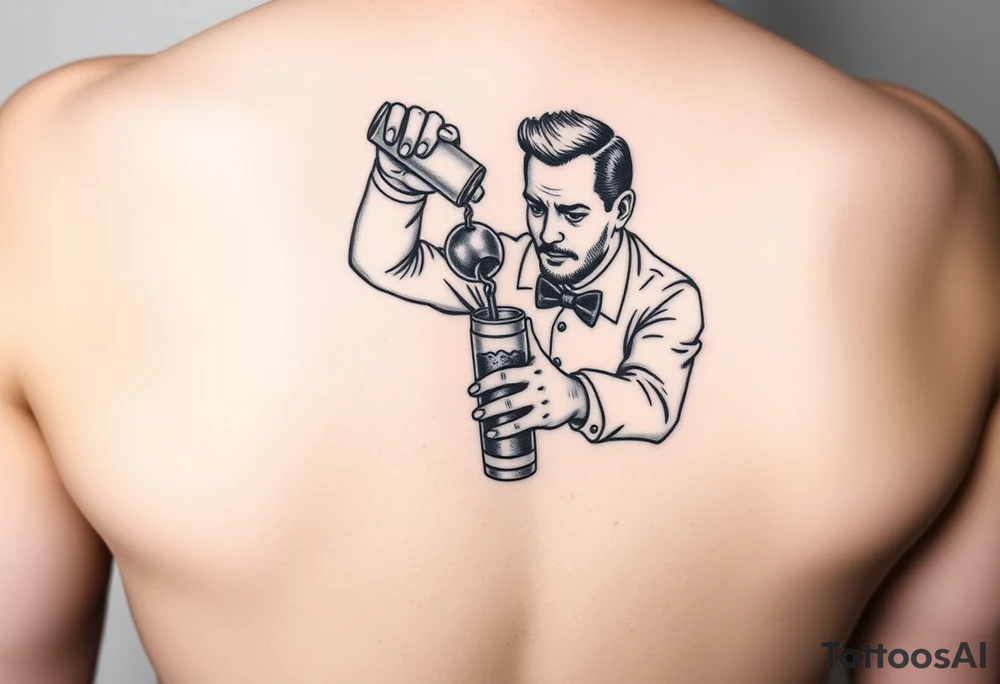 A bartender preparing a cocktail in a shaker, only it is a molotov cocktail. Ideally I would like the bartender to have Gaetano Bresci's face. tattoo idea