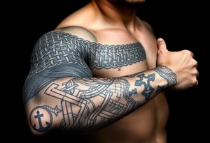 Huge shoulder tattoo of Celtic chainmail covering entire arm up to neck with a cross tattoo idea