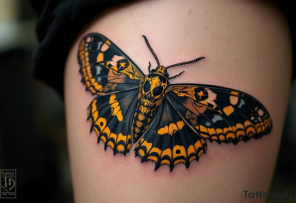 A highly detailed hawkmoth with deep black and golden-yellow wings, featuring intricate patterns resembling skull-like markings. The moth’s body is shaded with rich brown and subtle hints of burnt orange, adding depth and realism. tattoo idea