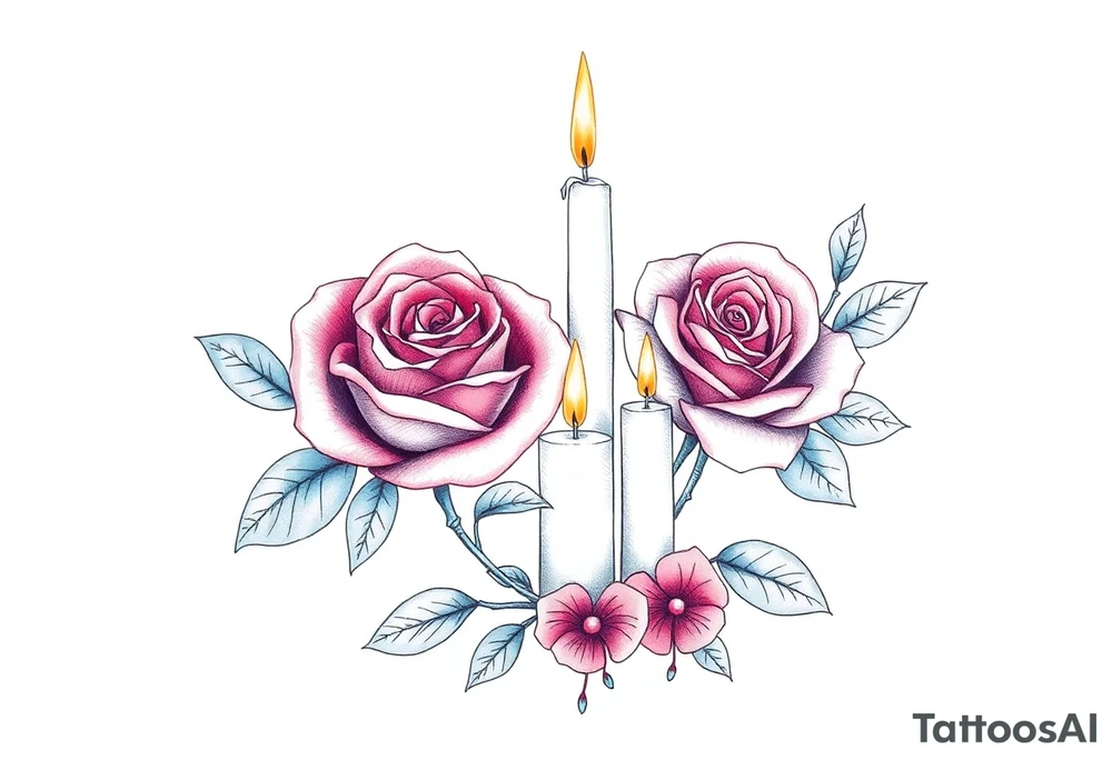 Passed love one, two roses, two candles, blue, hearts tattoo idea