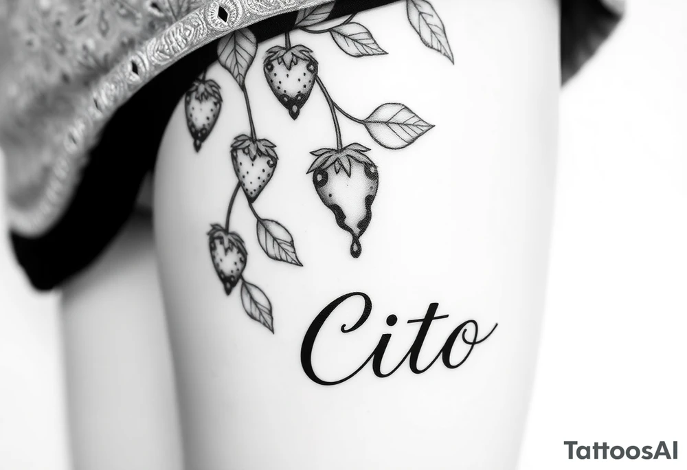 This will be placed going down my thigh.. Make a vine with detail that has strawberries hanging from it some of them should look like they’re dripping chocolate and the last strawberry should look like it has a bite taken out of it the ending of the vine should spell out the name Cito but make it look like a vine with detail it should resemble cursive but keep it looking like it’s written in vine and only the name should be rotated right going down and it should be attached to the rest of the vine that has the strawberries. Black and white only tattoo idea
