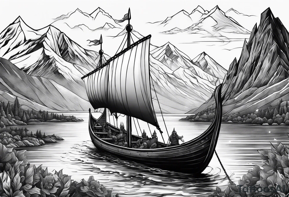 Viking in a boat flying over mountains tattoo idea