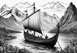 Viking in a boat flying over mountains tattoo idea