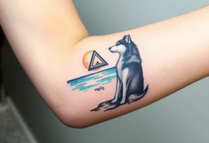 smALL HUSKY LOOKING AT A TRIBAL MOON STANDONG IN THE SAND IN THE SEA WITH THE CONSTALATION OF SAGITARIUS PUT COLOR tattoo idea