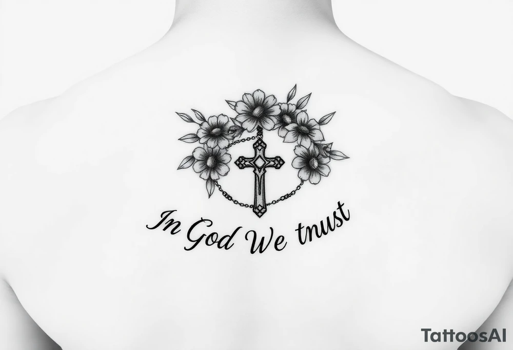 Necklace Rosary with flowers around the words of "In God We Trust " tattoo idea