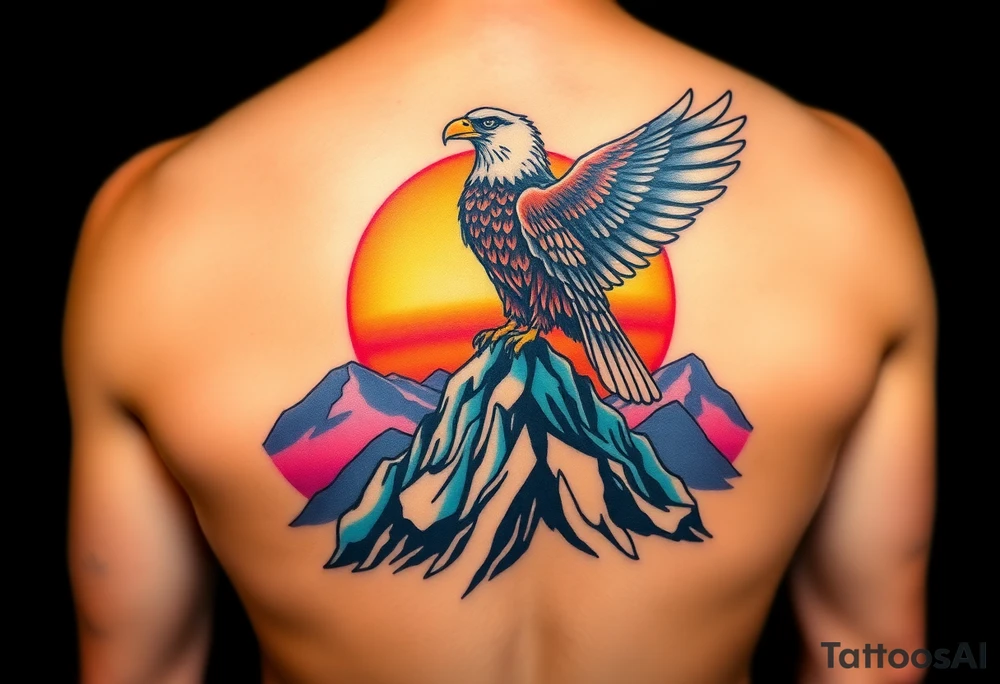 A proud eagle perched on a rugged mountain peak, with a breathtaking sunset behind it, blending fiery oranges, purples, and blues tattoo idea