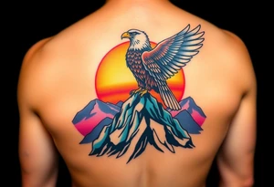 A proud eagle perched on a rugged mountain peak, with a breathtaking sunset behind it, blending fiery oranges, purples, and blues tattoo idea