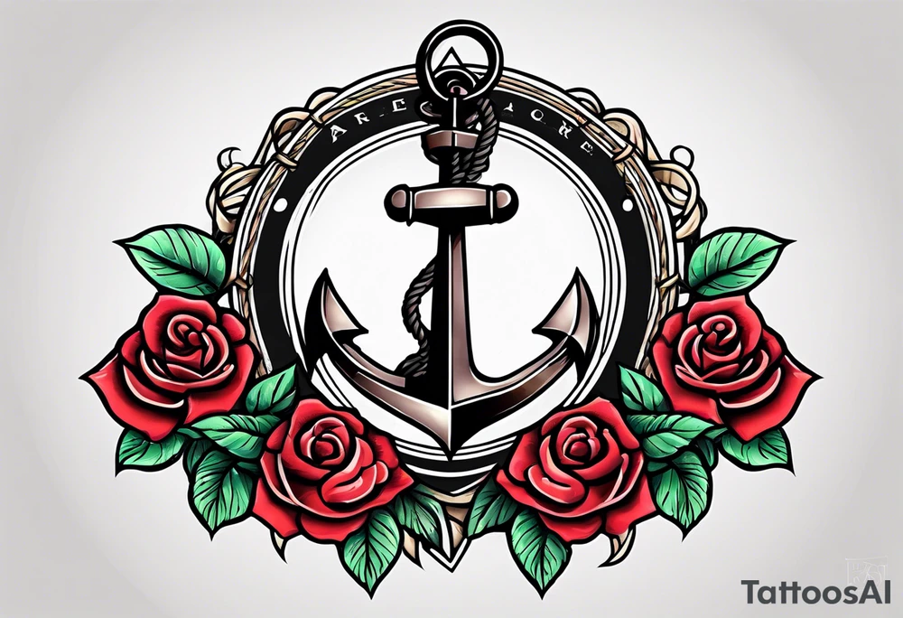 old school anchor sitting at an angle 
with rope 
and banner across anchor and old school roses tattoo idea