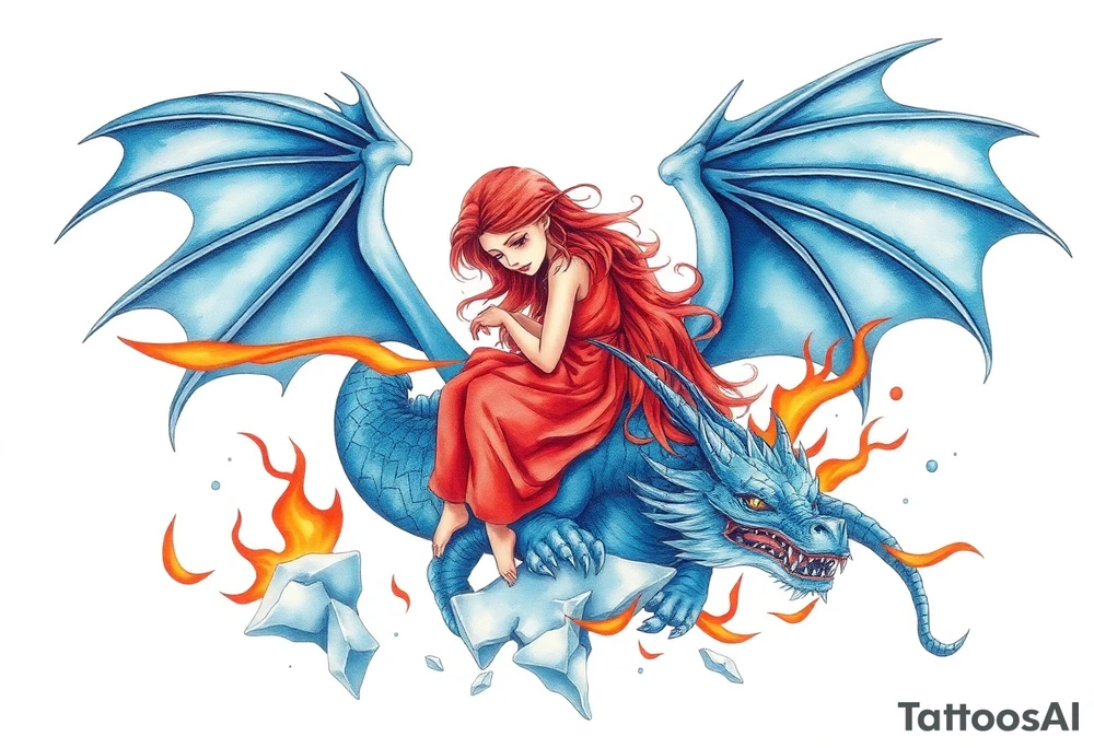 Sad redheaded girl on a blue dragon breathing fire with wings spread and flying over ice and flames tattoo idea