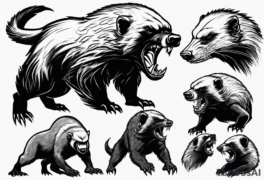 Angry, snarling, detailed honey badger facing in front tattoo idea