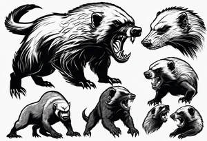 Angry, snarling, detailed honey badger facing in front tattoo idea