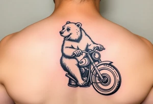 large smiling brown bear riding a motorcycle in side profile tattoo idea