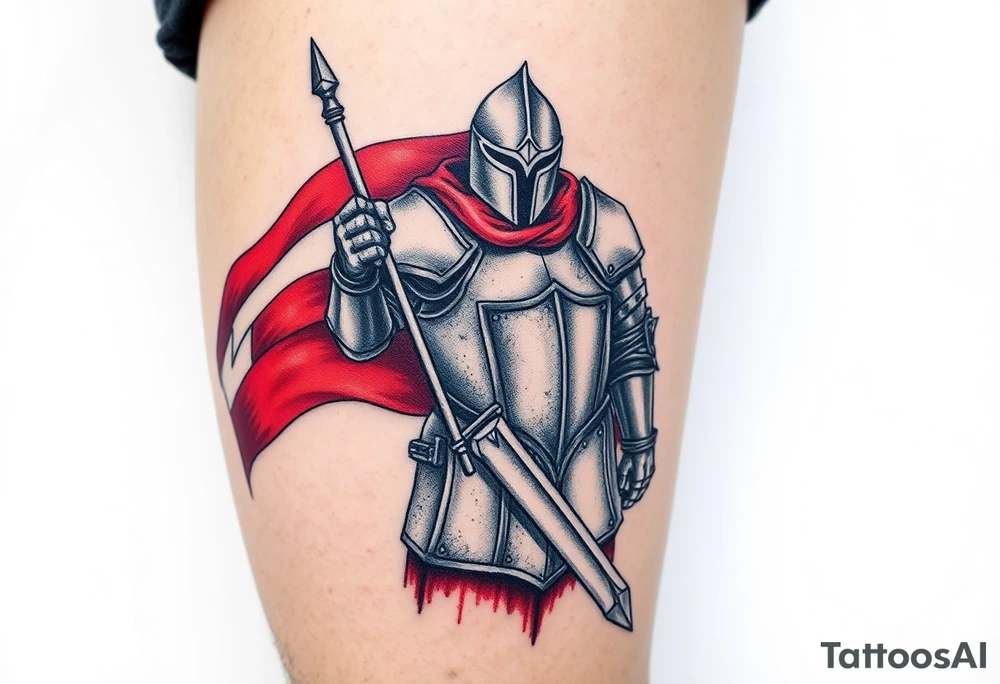 A knight in medieval armor holding a Czech flag (blue, white, red), inspired by Hussite warriors, with battle-worn silver and red tones. tattoo idea