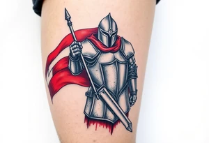 A knight in medieval armor holding a Czech flag (blue, white, red), inspired by Hussite warriors, with battle-worn silver and red tones. tattoo idea