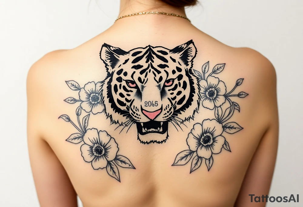 a whole tiger with some flowers around it tattoo idea