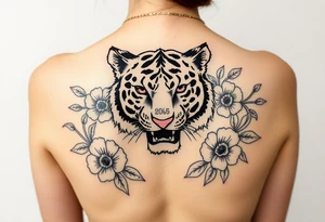 a whole tiger with some flowers around it tattoo idea