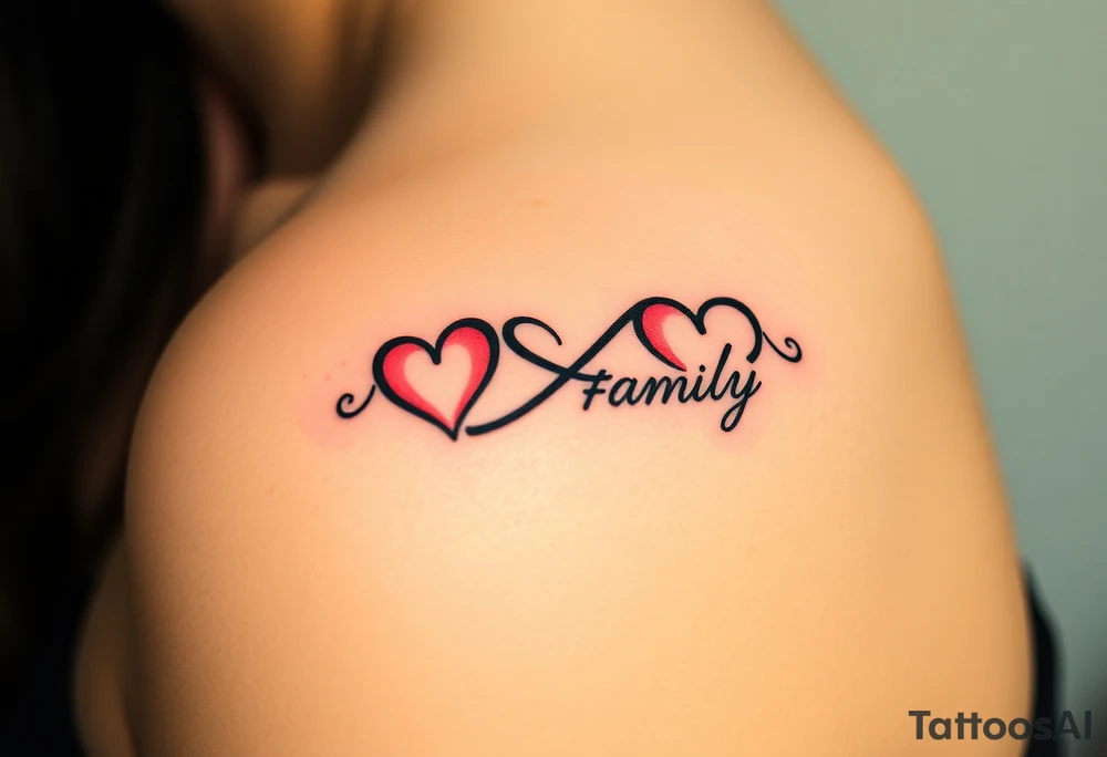 An infinity symbol with two hearts at each end, representing the couple and children, with the word "family" written in flowing script, showing the endless bond tattoo idea