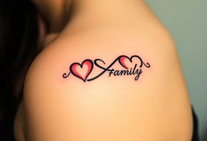 An infinity symbol with two hearts at each end, representing the couple and children, with the word "family" written in flowing script, showing the endless bond tattoo idea