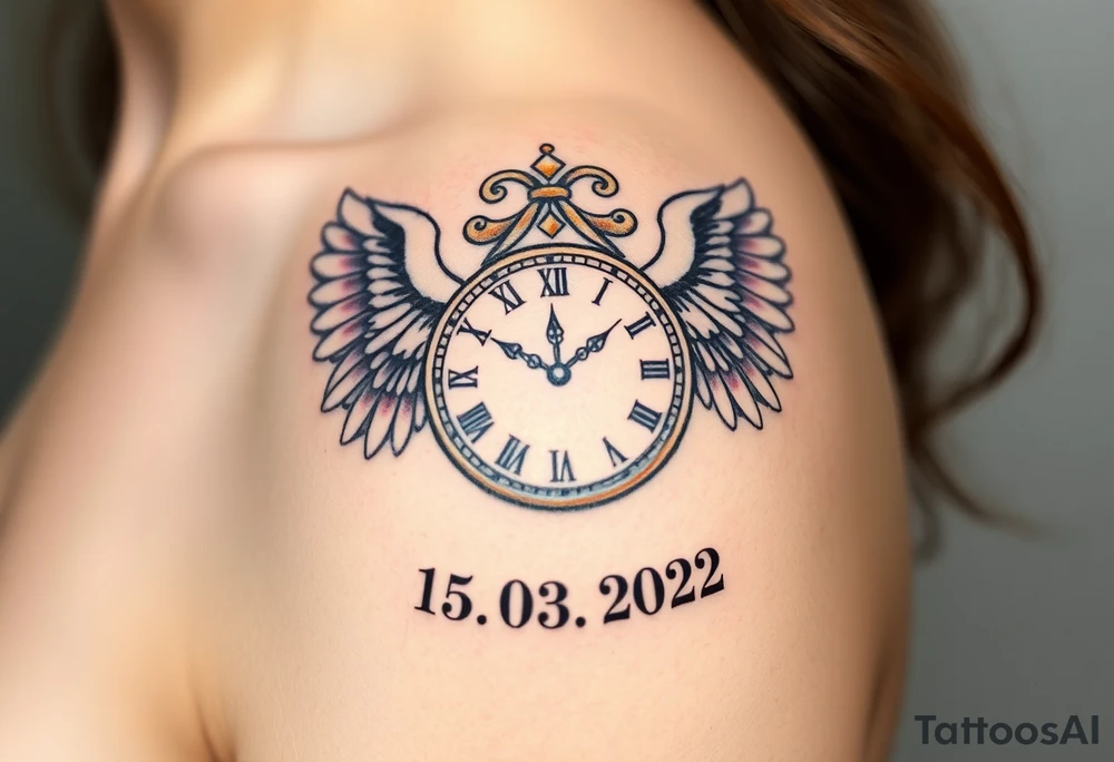 An ornate clock face encased in angel wings and date of birth 15.03.2022, symbolizing protection and love, in soft gray and white with golden highlights tattoo idea