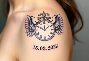 An ornate clock face encased in angel wings and date of birth 15.03.2022, symbolizing protection and love, in soft gray and white with golden highlights tattoo idea