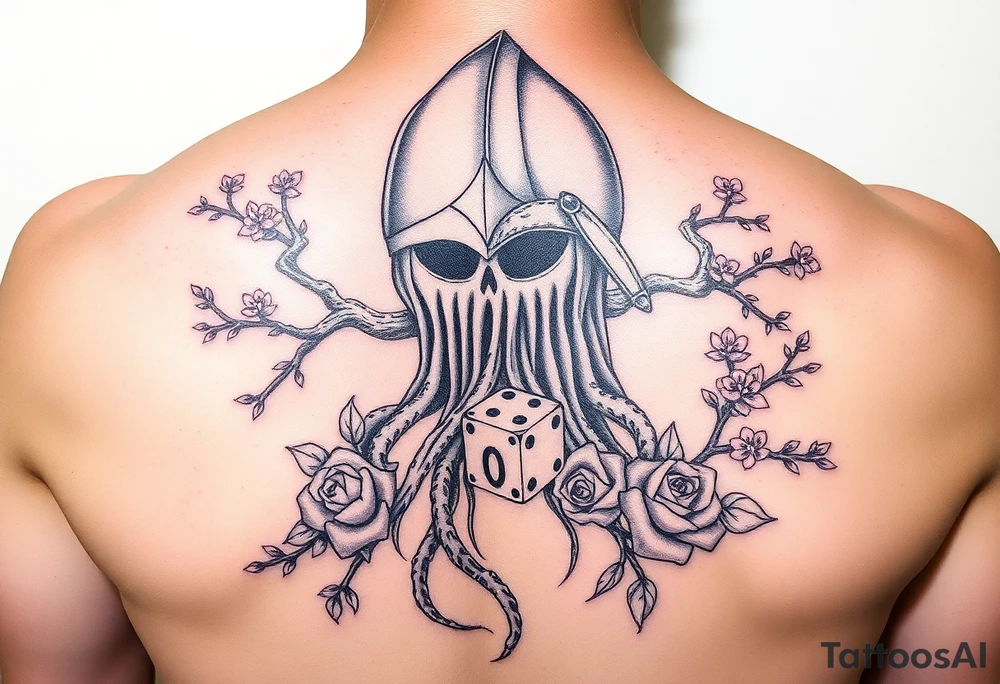 squid knight helmet combined with tree roots, cherry blossoms and roses rolling dice tattoo idea