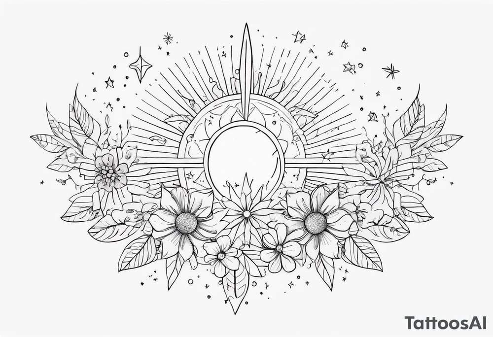 fine line with sun, stars, floral, dots. Sternum tattoo tattoo idea