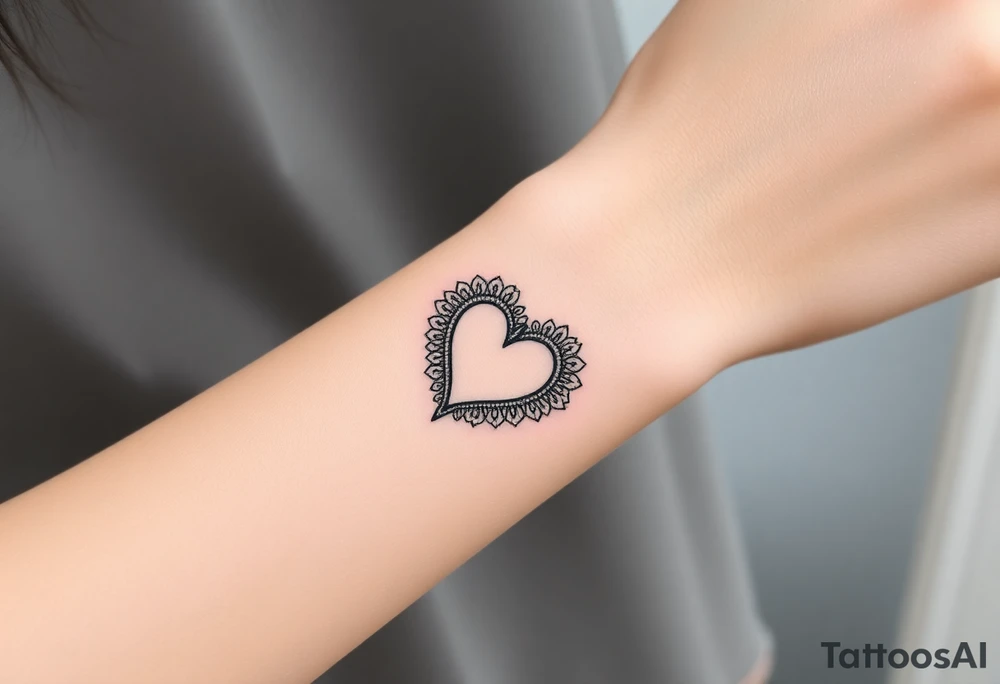 A heart-shaped lace pattern bracelet in black and silver, with a delicate filigree border tattoo idea