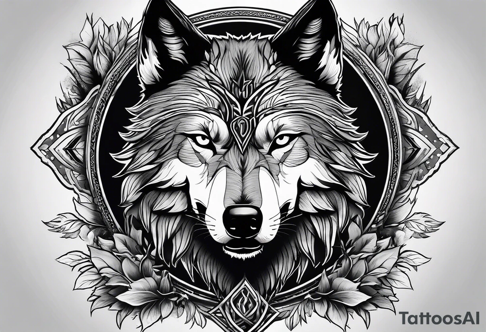 Halbes Gesicht eines Wolfes
Im Hintergrund Wald und Berge
Fenrir tattoo idea