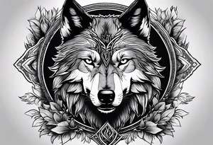Halbes Gesicht eines Wolfes
Im Hintergrund Wald und Berge
Fenrir tattoo idea