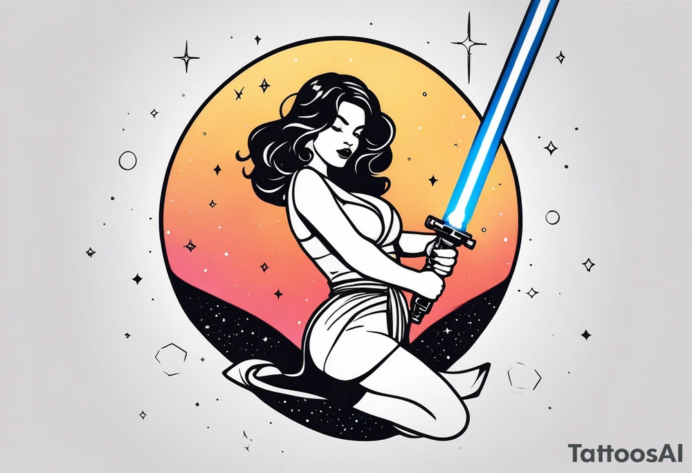 Pinup woman holding light saber in space tattoo idea