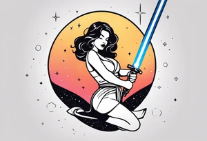 Pinup woman holding light saber in space tattoo idea