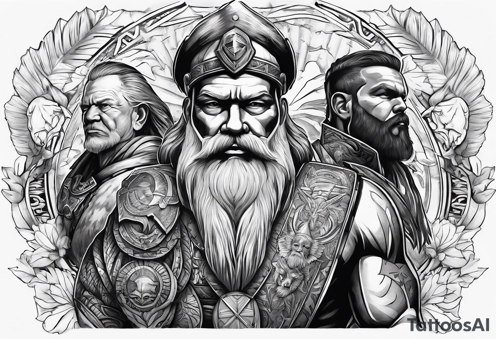 Vishnu, Odin, Zeus, and chesty puller. Upper arm tattoo idea