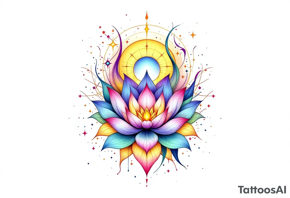 small colorful celestial with lotus flower tattoo idea