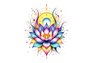small colorful celestial with lotus flower tattoo idea