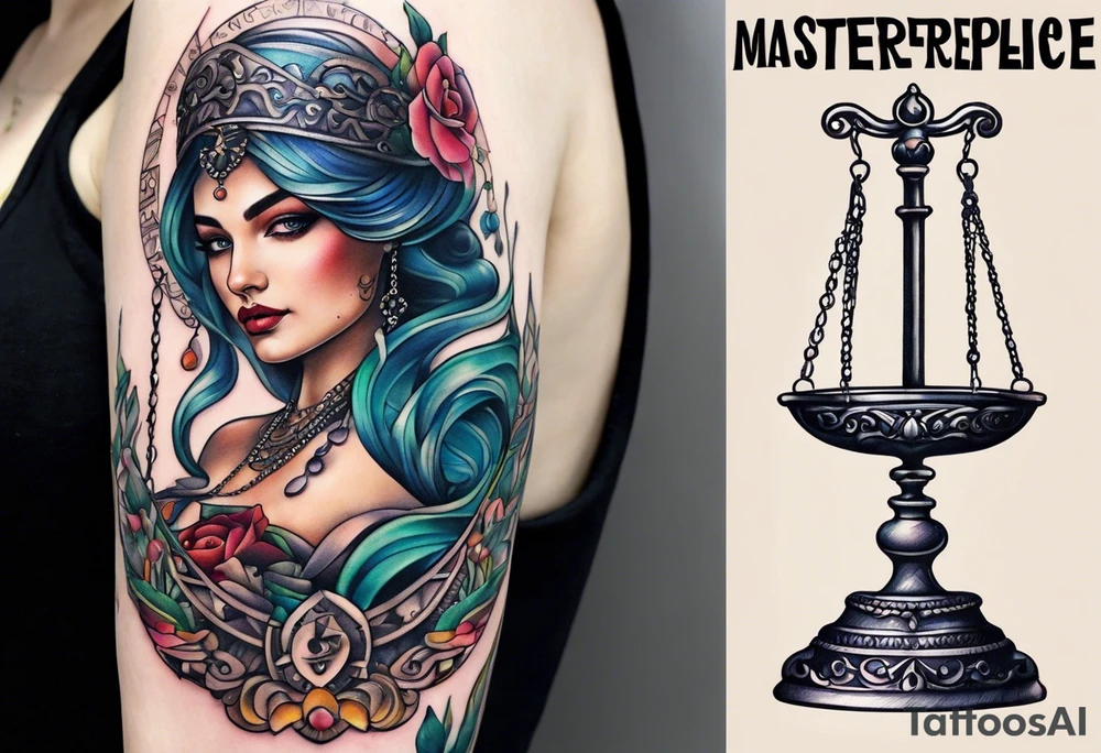 Intricate libra scales held by a beautiful woman tattoo idea