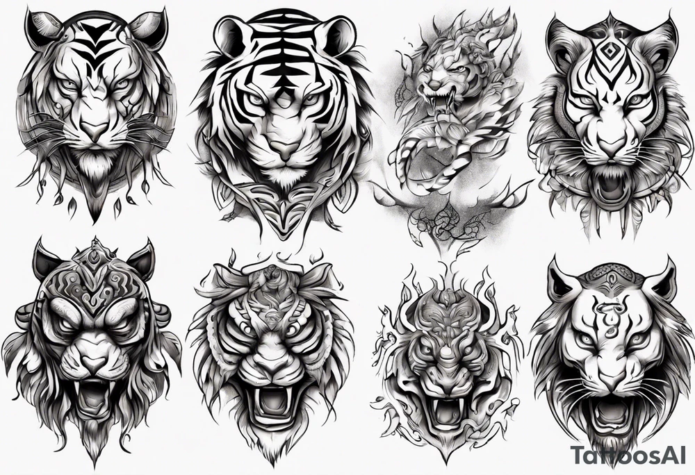 Ancient mythical tiger-like creature on a sleeve tattoo idea
