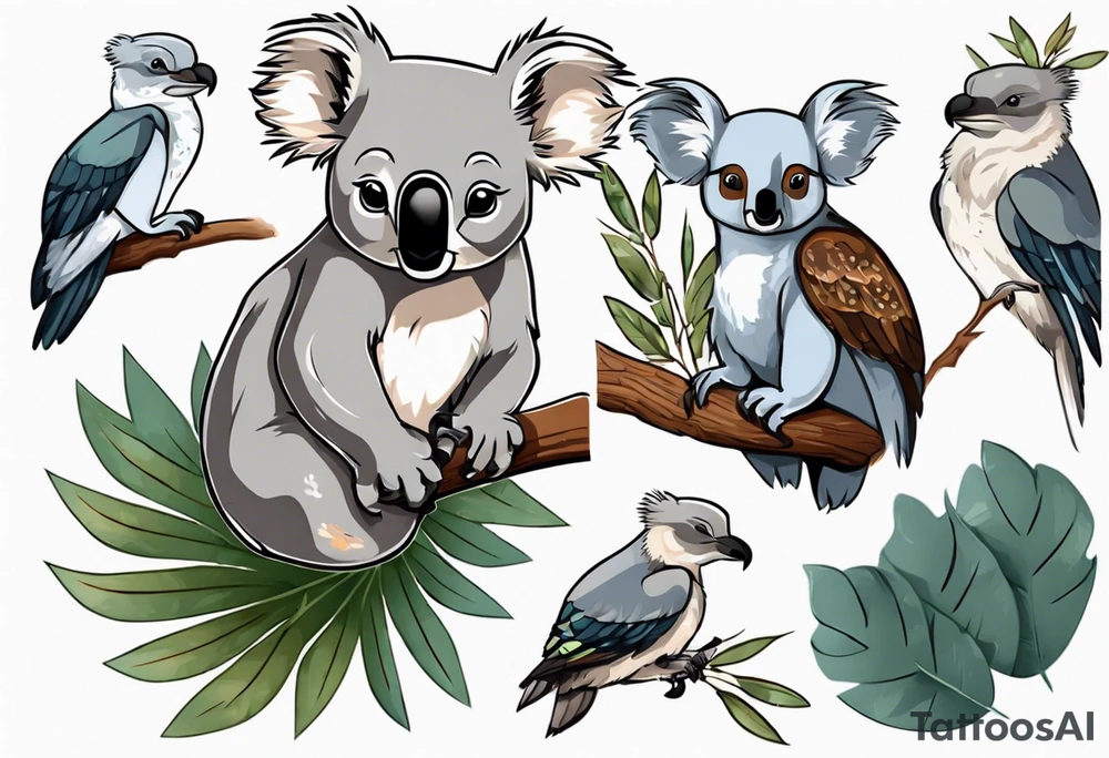 A koala with a kookaburra with eucalyptus leaves and wattle leaves tattoo idea
