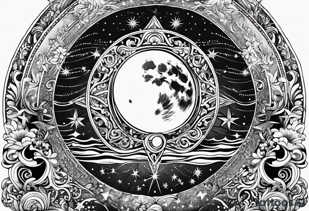 mezcla de sol luna y mar con estrellas brillantes, sin bordes, sencillo tattoo idea