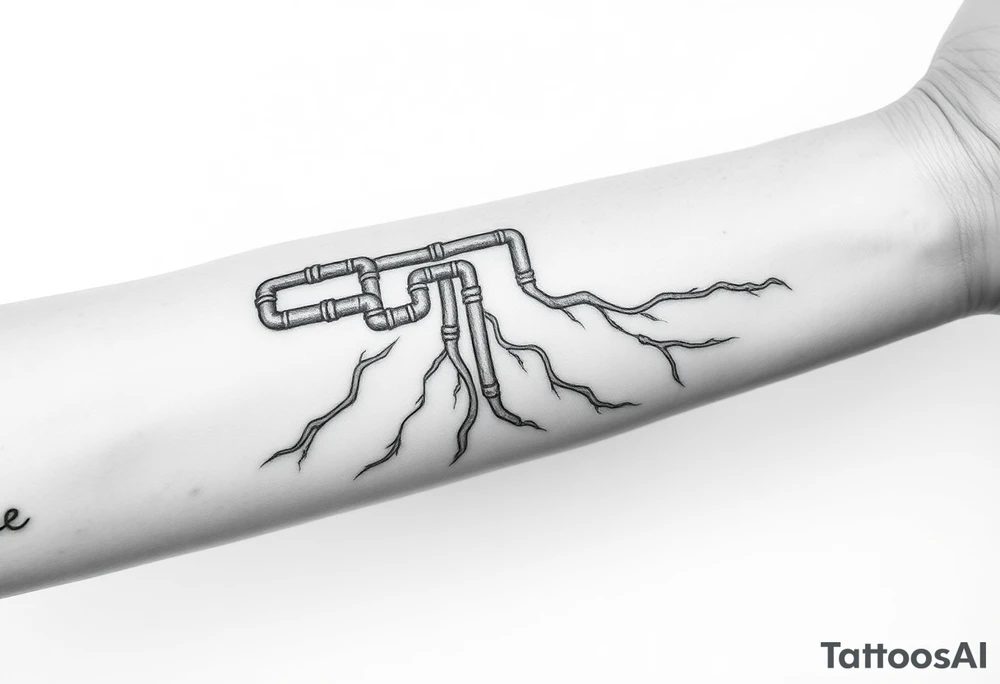 Top pipe starts closer to the elbow, long System of pipes that transitions and transforms into veins of forearm tattoo idea