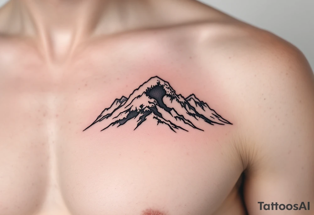 A fine-line black and gray wave flows into a mountain silhouette on the upper arm. tattoo idea